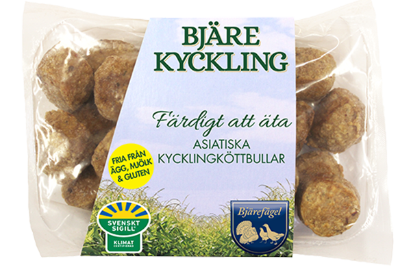Paketerade asiatiska kycklingköttbullar från Bjärefågel.